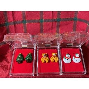 Vintage Christmas Yule Earrings Tree Teddy Bear and Snowman Multiple Pieces